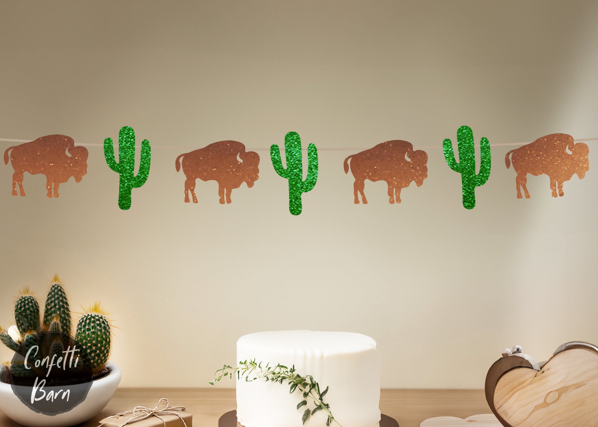 Glitter Party Banner with 6 Buffalo and 5 Green Cactus strung and ready to hang