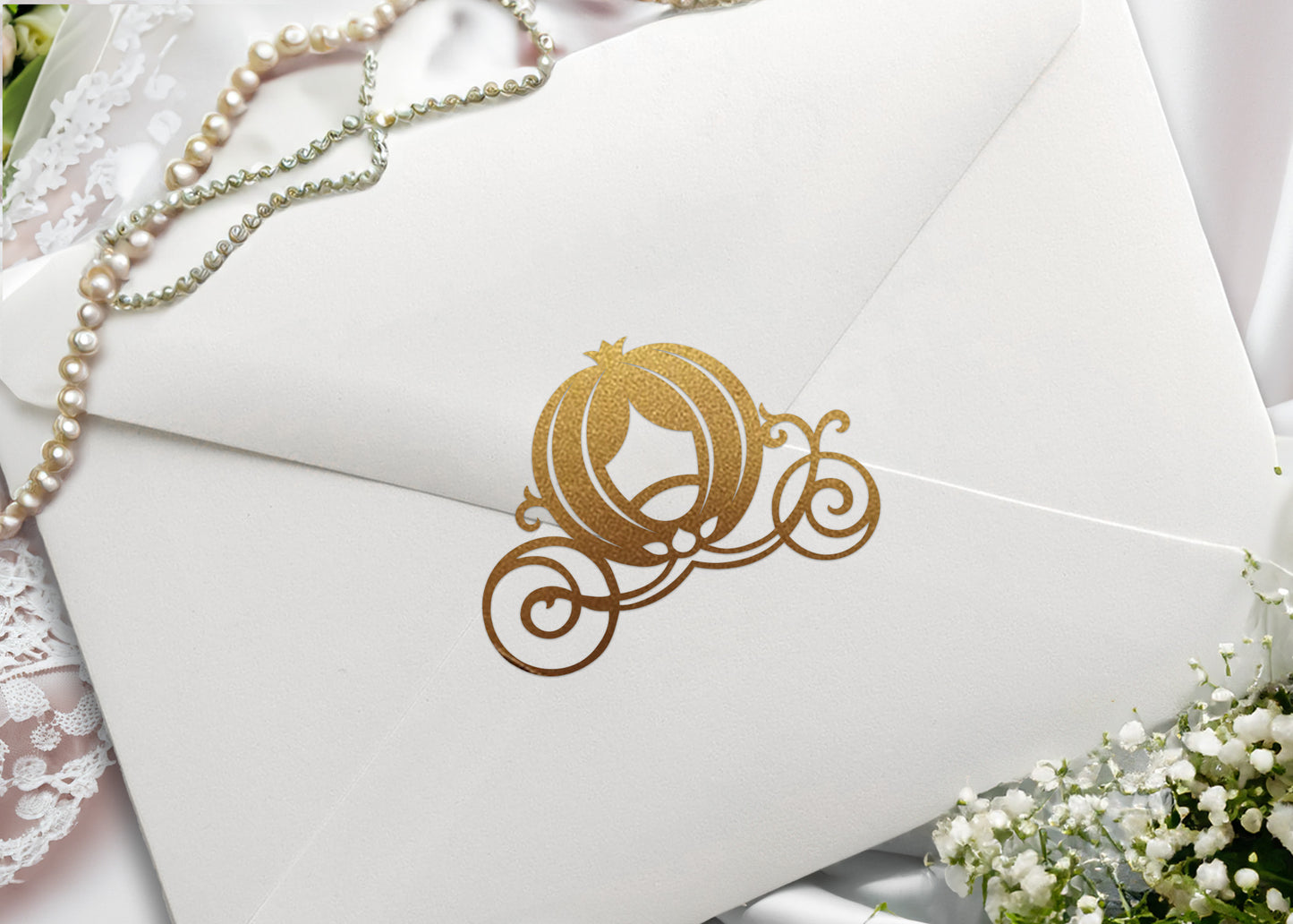 Elegant pumpkin carriage stickers made of vinyl. Can be used to seal wedding invitation envelopes, used on stationary or adhered to most dry, flat surfaces