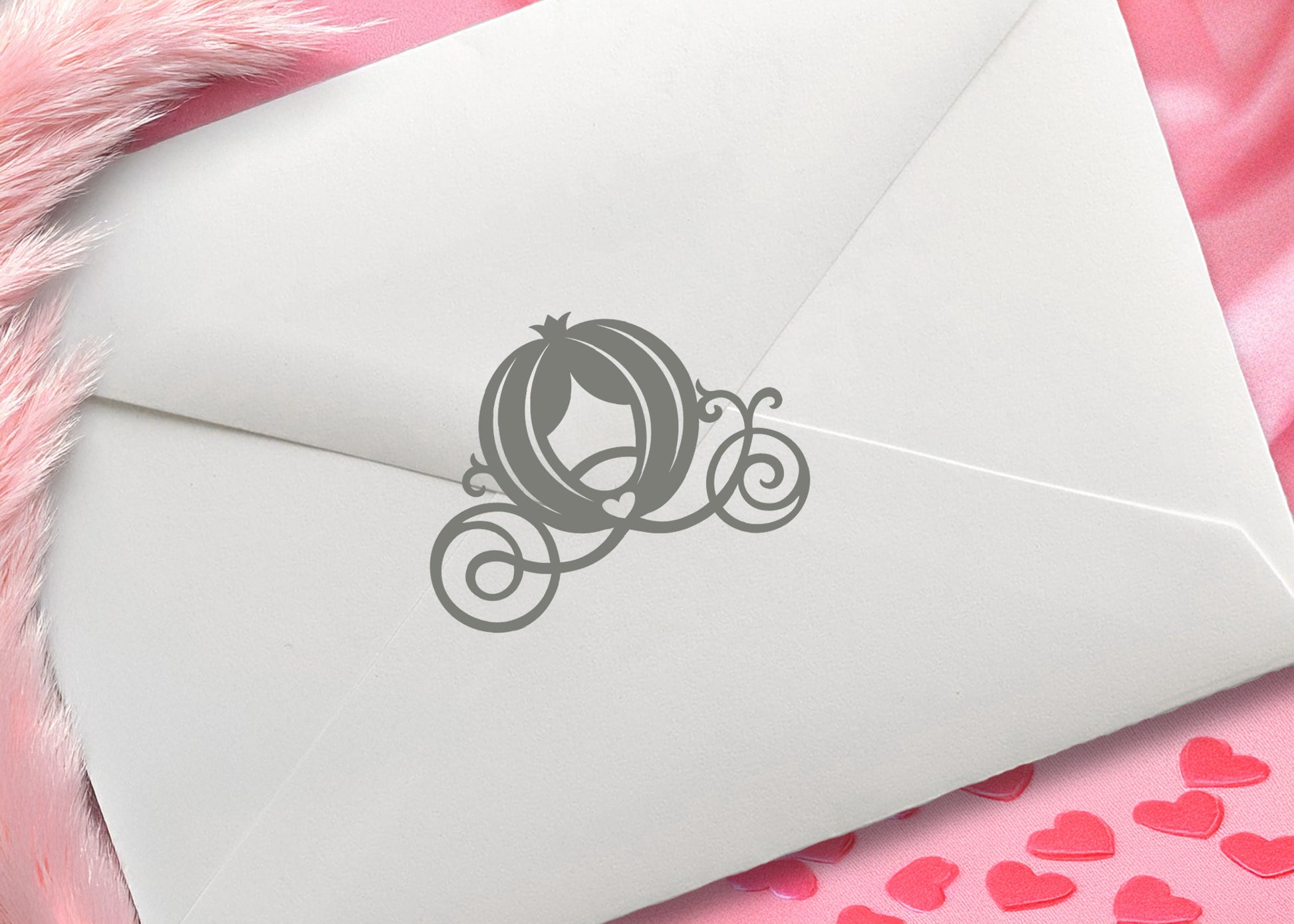 Elegant pumpkin carriage stickers with a small heart in center, made of vinyl. Can be used to seal wedding invitation envelopes, used on stationary or adhered to most dry, flat surfaces
